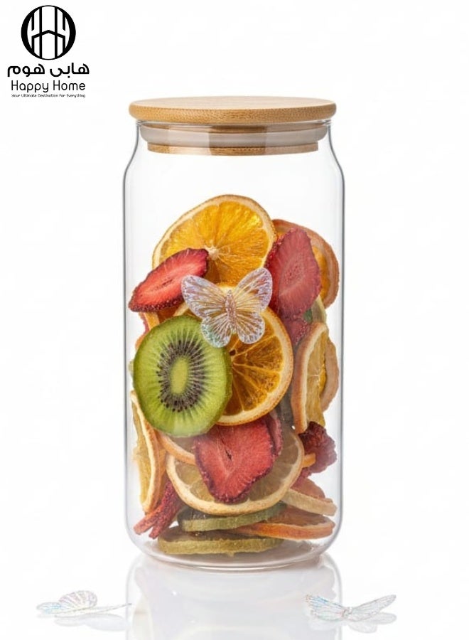 هابي هوم برطمان زجاجي بغطاء من الخيزران ، ديكور منزلي، علبة شاي، مسحوق حليب، سكر، فواكه مجففة، حلوى، أرز، بسكويت، معكرونة، حبوب، برطمانات طعام بغطاء محكم الغلق (شفاف -سعه 500مل) - Image 1